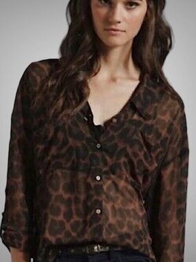 Free People Easy Rider Sheer Leopard Print Button-Front Blouse - Black & Brown